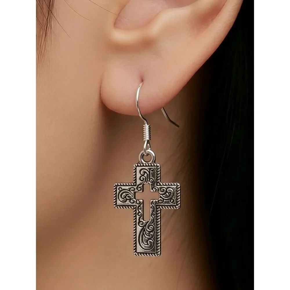 Vintage Cross Dangle Earrings Silver Hollow Etched Religious Jewelry NWT Faith